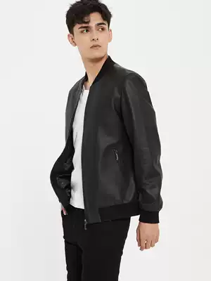 Uncoated Sheepskin Haining leather men men's baseball collar leather jacket men's cotton coat