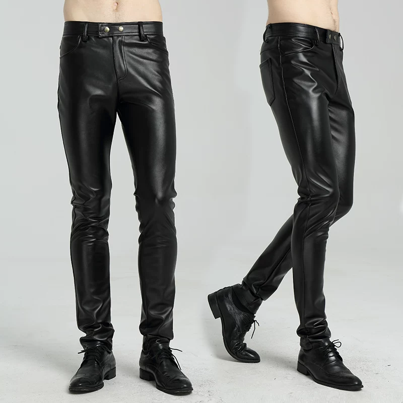 Мужские spring тонкие модные полиуретановые брюки, slim fit, корейский стиль, плотно сидящие