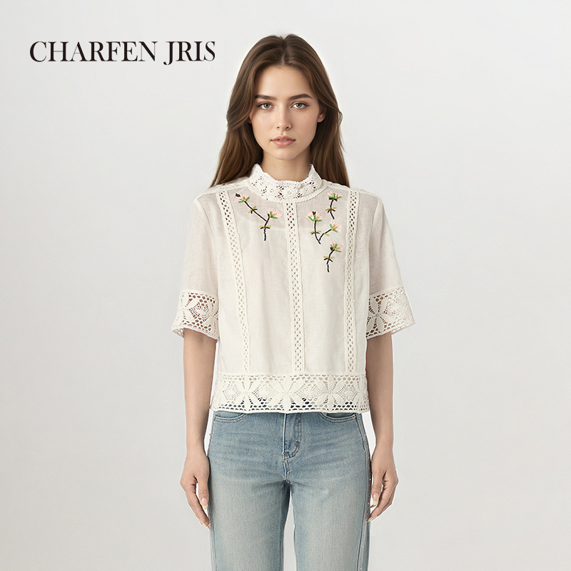 Charfen Chaofeng French Romantic Embroidered Lace Shirt for Women, Summer Ruffled Collar, Elegant Ladylike Top 6325X
