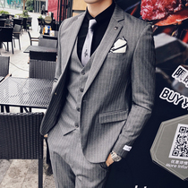 Suit suit mens striped casual small suit youth Korean slim trend handsome groom wedding dress three-piece set