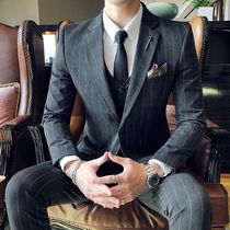 Striped suit mens suit Korean version of Tide Slim handsome mens suit dress set groom wedding dress Four Seasons