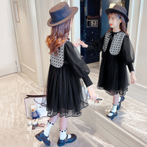 Girls dress with dress autumn clothing new foreign air girl net red little fragrant wind long sleeve Korean princess yarn dress with two sets of damp