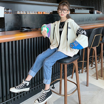 Girl Coats Spring Autumn 2021 New Korean Version Foreign Air Children Loose Blouses Tennis red Grand Tong Leisure Lianhood cardiovert