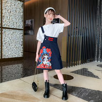 Girl one-piece dress Summer new children Single shoulder hanging band Skirt Ocean Gas Tide Boy Dress Chinese Wind summer clothes Two sets of skirts