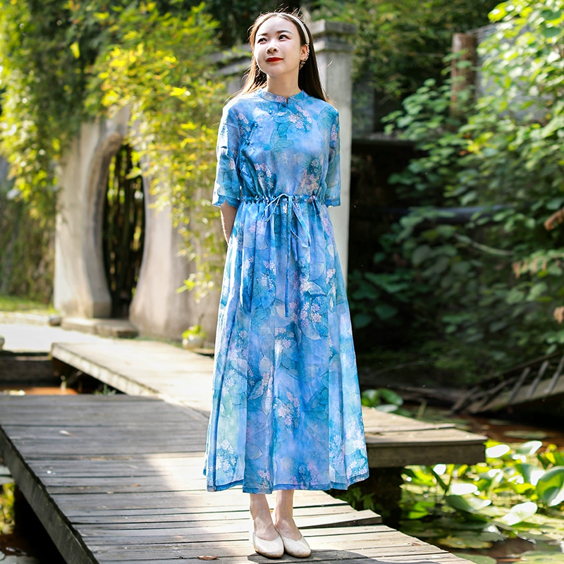 Đầm công sở Trung Quốc mùa hè dài vừa vặn dài đu cao phiên bản cao cấp cải tiến của váy nữ phong cách dân tộc retro - Váy eo cao