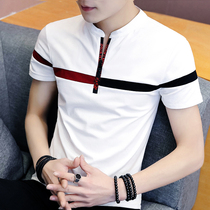 Summer T-shirt mens trend V collar high-end cotton non-iron shirt solid color youth slim casual Tide brand Wild