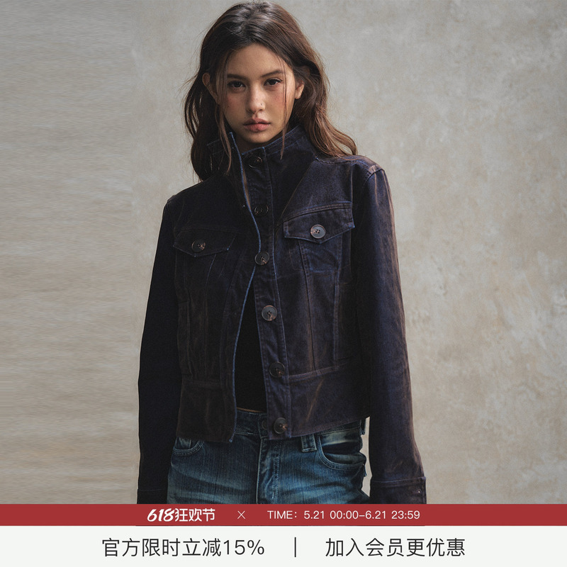 Cthemoon Casual Layered Stand Collar Single-Breasted Vintage Short Biker Slimming Jacket Velvet Denim Coat