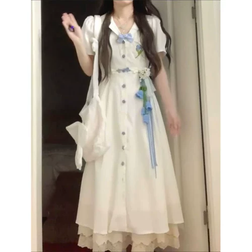 Белый летний приталенный корсет для школьников, длинная юбка, короткий рукав, воротник поло