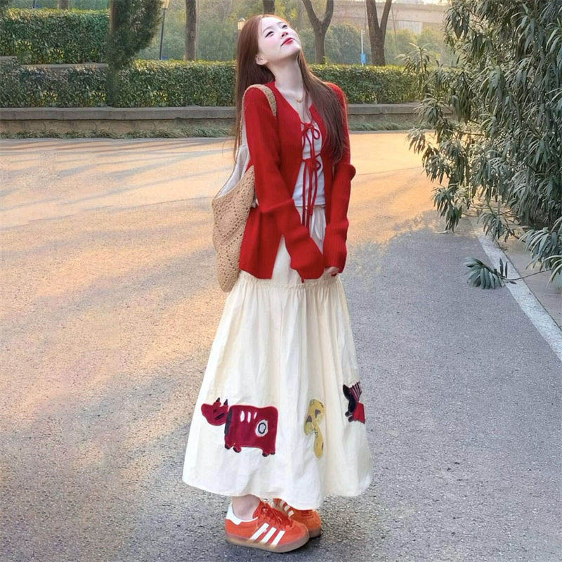 Korean Style Outfit, a Complete Set of Sweet and Petite Red Cardigan Shawl Sweater for Women, 2025 Spring Cartoon Skirt