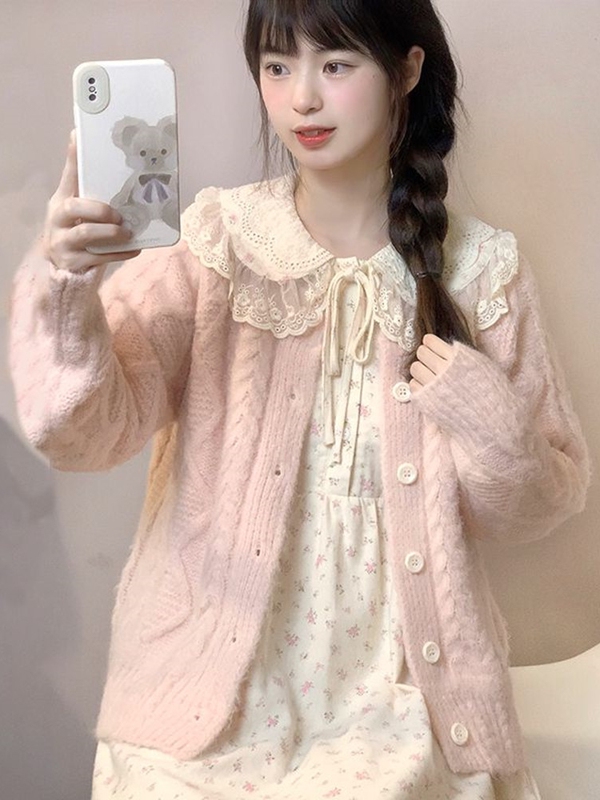 2024 Spring New Japanese Style Sweet and Cute Round Neck Cardigan Sweater + Doll Collar Floral Skirt Student Two-Piece Set