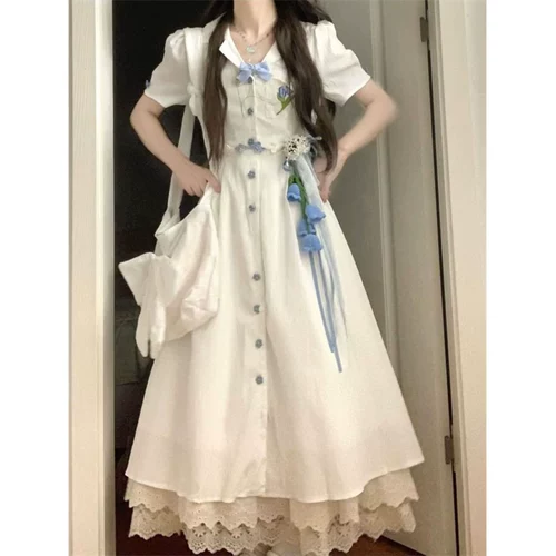 Белый летний приталенный корсет для школьников, длинная юбка, короткий рукав, воротник поло