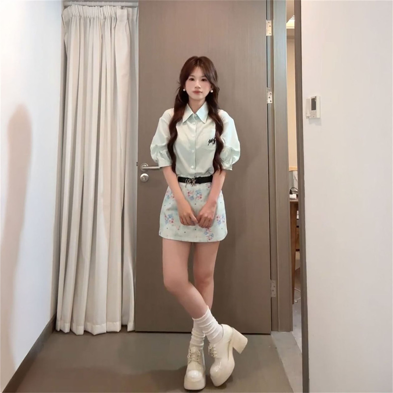 2026 New Style Fresh Mint Green Polo Short-Sleeve Shirt Paired with High-Waisted Bodycon Short Skirt, Age-Reducing Two-Piece Set