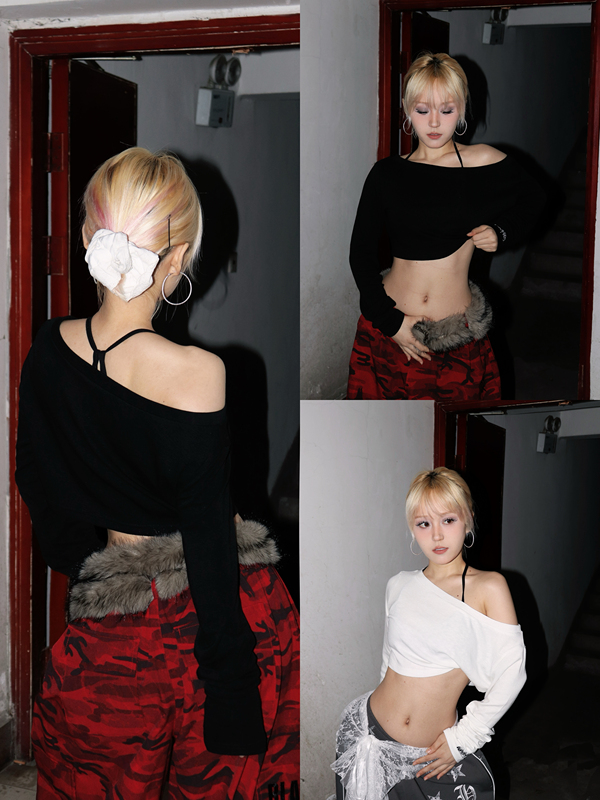 Blackbox Original Embroidered Lazy Style Loose Shoulder-Baring Long-Sleeve Jazz Top for Women