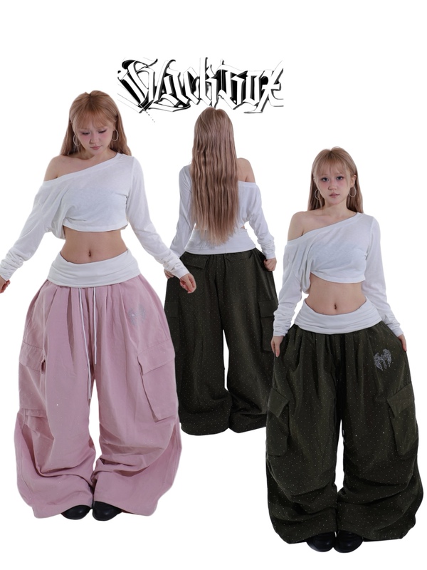 Blackbox Original "Angel Cross" Silver-Embellished Rhinestone Sparkling Cargo Pants for Street Dance and Jazz Dance, Unisex
