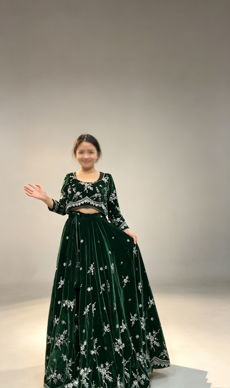 Lehenga Heavy-Duty Velvet Embroidered Skirt Set in Fortune Green