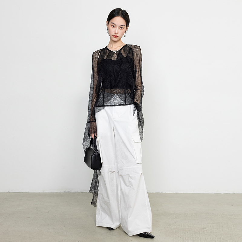 Lace Ribbon See-Through Tassel Blouse T-Shirt Summer Women's French Retro Elegant Design Ruffled Long-Sleeved Top