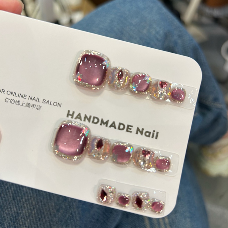 Purple Crystal Crushed Ice Pure Handmade Wearable Nail Art Toenail Stickers, Purple Cat Eye Whitening Nail Stickers, 14 Pieces