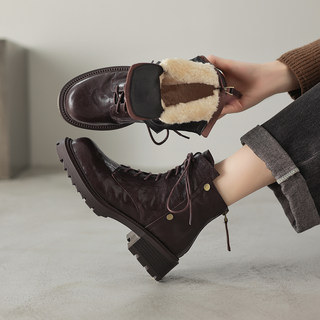 Senshihejiang Sheepskin Chunky Heel Lace-Up Martin Boots for Women, Thickened Fleece Short Boots, Winter Mid-Heel Wool Snow Boots, Large Size