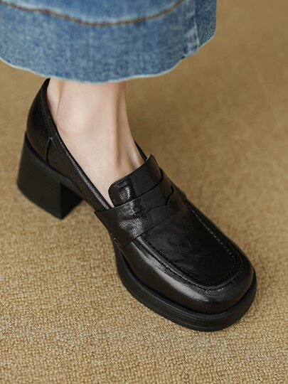 Senshi Hejiang sheepskin thick heel loafers for women 2025 spring new square toe high heel single shoes British small leather shoes