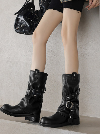 Moriwa Takumi wasteland style mid-heeled trouser boots for women Xinjiang boots autumn and winter genuine leather western cowboy boots mid-calf knight boots