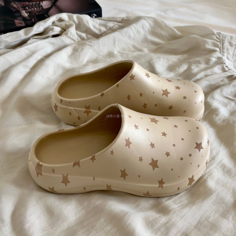 5cm Star Print Chef Shoes for Women, Spring and Summer Outdoor Wear, Non-Slip Slip-On Eva Slippers, Thick-Soled Height-Increasing Mules