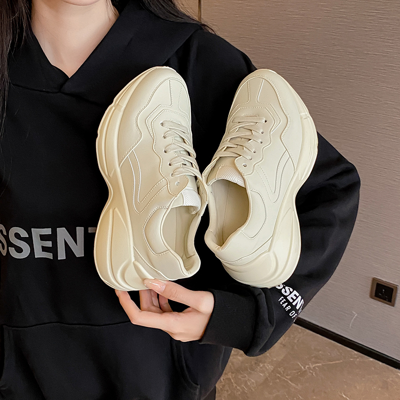 Upgraded Version - Double g Trendy Dad Shoes, Genuine Leather, Thick Sole, Height-Increasing, Unisex, Distressed Casual White Sneakers