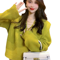 Korean style lazy style high-end vintage green sweater for women 2024 design niche small sweater trend