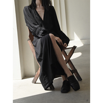 SiON Tsing Tin Oichi Court Style High Open Fork Dress Tencel Lace-Up Waist Bubble Sleeve Drop Overlay Dress