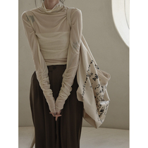 2021 autumn mesh perspective semi-high collar bottoming shirt light slim pleated pullover sexy solid color Joker breathable