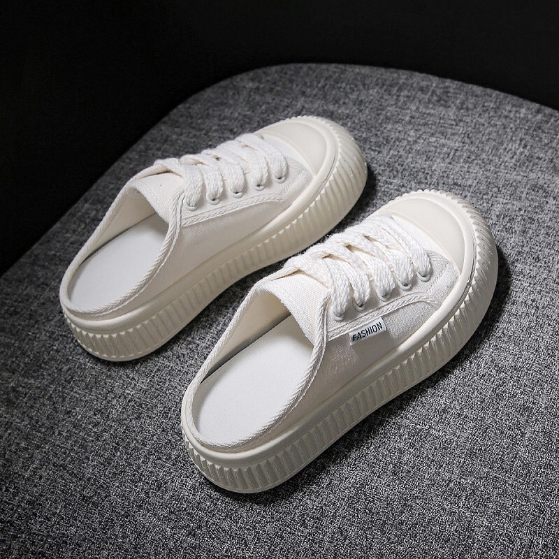 Popular Thick-Soled Closed-Toe Half-Slippers for Women, Suitable for Outdoor Wear, 2026 Summer New Style White Shoes, Canvas Shoes, Sandals, ins Trendy