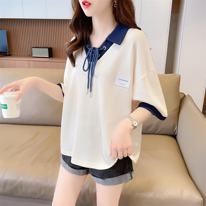 Maternity Wear Set Polo Collar Spliced Short-Sleeved T-Shirt for Women Summer New Loose Style Petite Fashionable Maternity Top