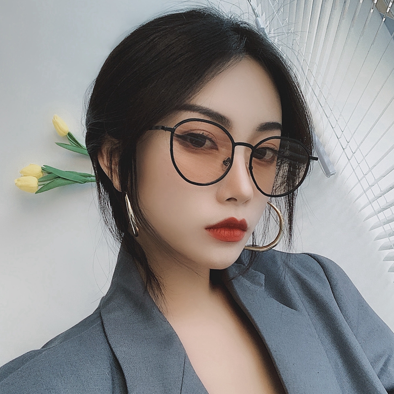 Small black frame tea sunglasses female cool Korean edition tide red round frame small face lens long face anti-UV sunglasses male