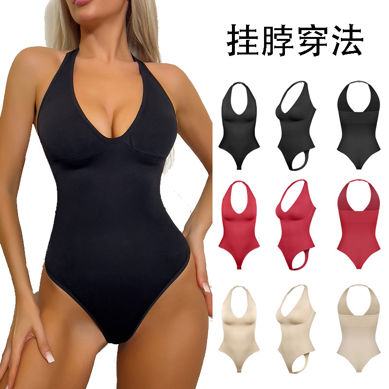 Hot-Selling European and American Halterneck Vest, Two-Wear Waist Shaping, Tummy Control, Low-Neck Thong Jumpsuit, Seamless