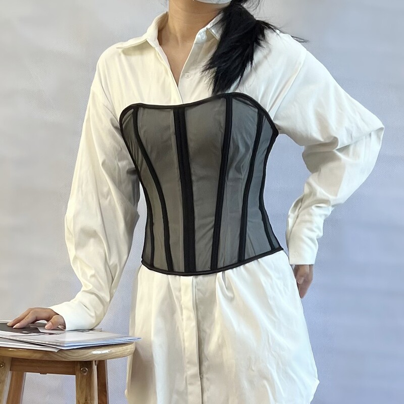 20942 Women's Spring/Summer New Sheer Mesh Tight-Fitting Lace-Up Fishbone Corset Tube Top