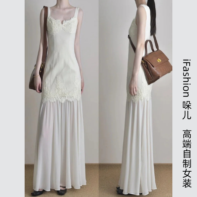 French-Style White Heavy-Duty Embroidered Spaghetti Strap Dress for Women, Unique and Beautiful Chiffon Patchwork Evening Gown for Summer