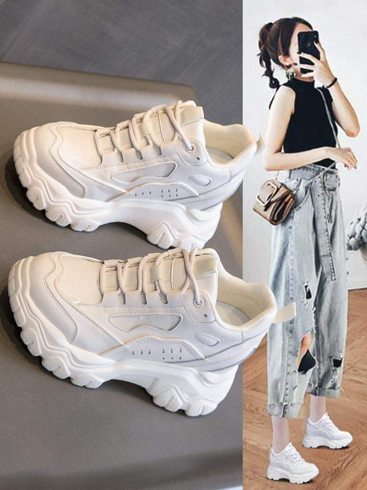 Trendy Dad Sneakers for Women ins New Spring Style with Plush Lining, Thick Soles, Hidden Height Increase, High-Heeled White Shoes