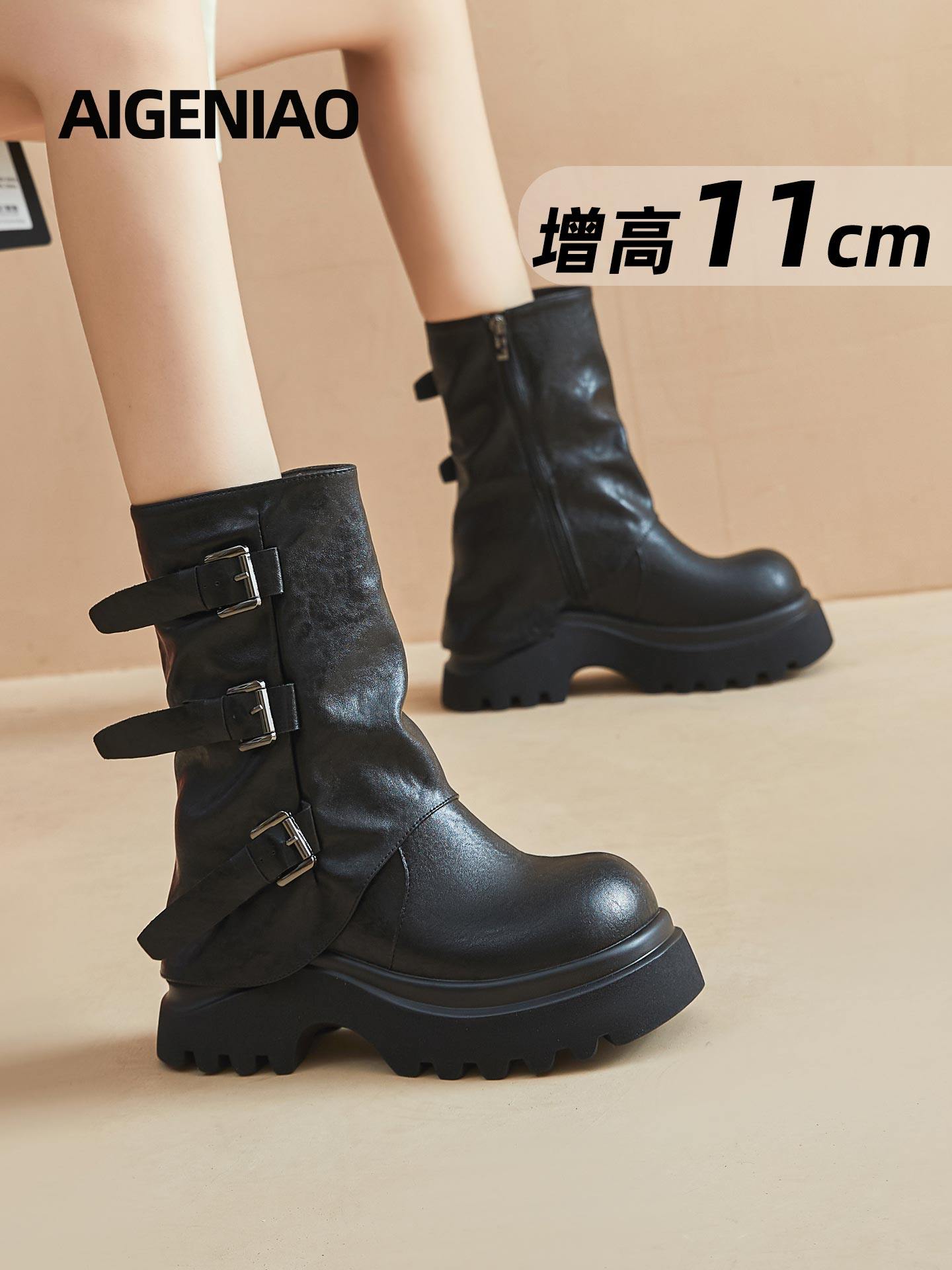 Black Martin Boots for Women, 2025 Autumn and Winter New Style, Buckle Slim Boots, Short Boots, 11cm Thick Sole, Height-Increasing Trouser Boots