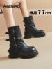 Black Martin Boots for Women, 2025 Autumn and Winter New Style, Buckle Slim Boots, Short Boots, 11cm Thick Sole, Height-Increasing Trouser Boots