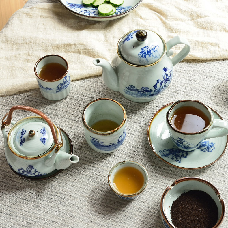 Three points to burn Chinese style under the glaze color cold cup pot, kettle disc Three - piece teapot landscape blue and white household ceramic tea set
