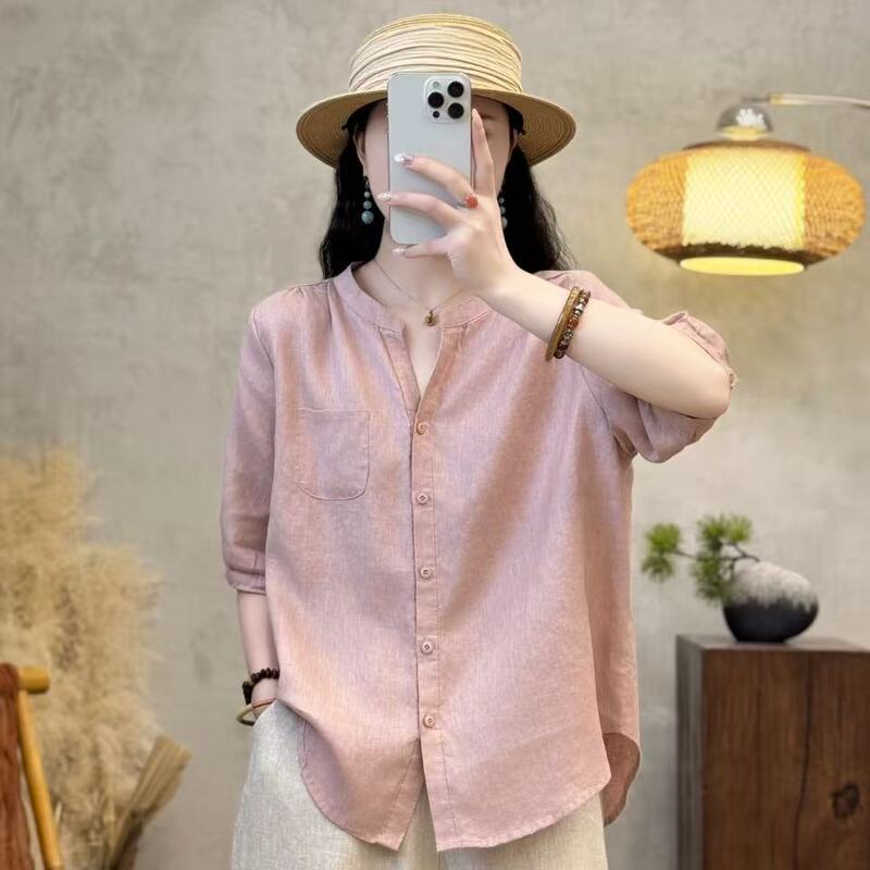 100% Linen Short-Sleeve Plain Shirt with Single-Breasted Buttons, Slimming and Elegant, New Summer Style, Loose and Versatile Cardigan for Women