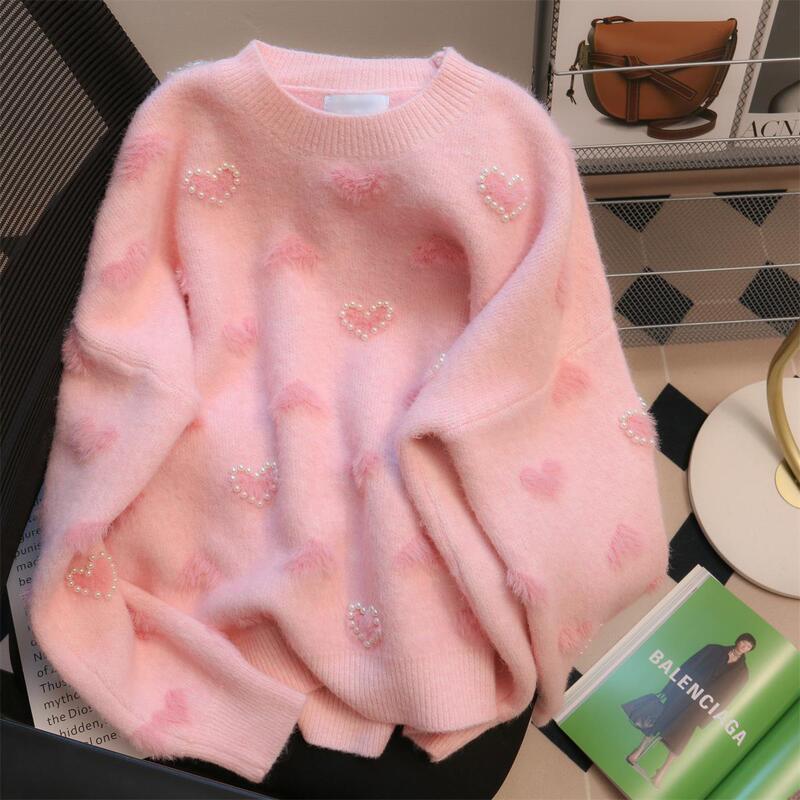 Pink Knitted Sweater for Women, Autumn and Winter, Suitable for High School and Middle School Students, with Added Fleece and Thickened Lining, Knitted Base Layer