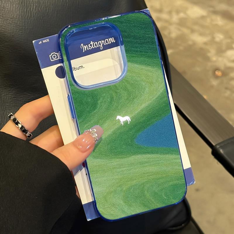 Green Field White Horse Transparent Blue Phone Case for Apple 17 Pro Max iPhone 16/15/14/13 Pro Simple and Unique 14/13/12/11 Full Protection Anti-Drop 13 Pro Cartoon New Style Air Trendy
