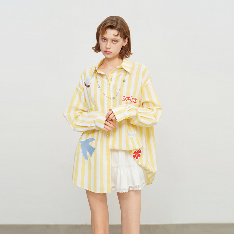 [Same Style as Da Zhangwei and Song Yaxuan] Sofitte 26Ss Yellow Striped Linen Printed Patchwork Embroidered Shirt