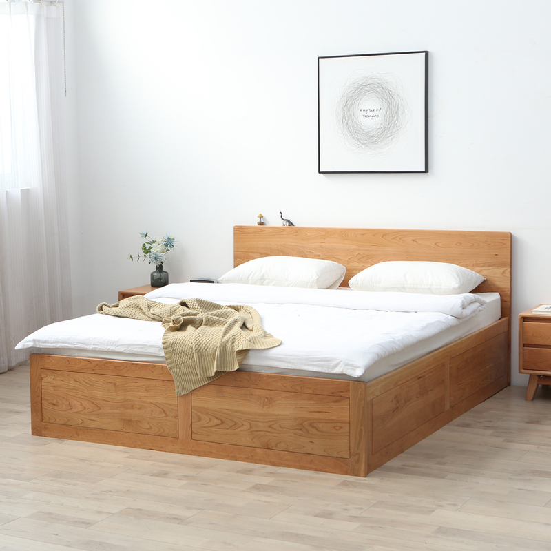 North American Black Walnut High Box Bed Japanese-Style Minimalist Cherry Solid Wood Storage Bed with Gas Lift Double Bed Storage Bed