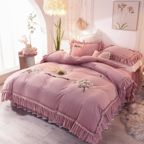 Net red daisy coral fleece four-piece set double-sided princess wind bed skirt suede winter bedding flannel