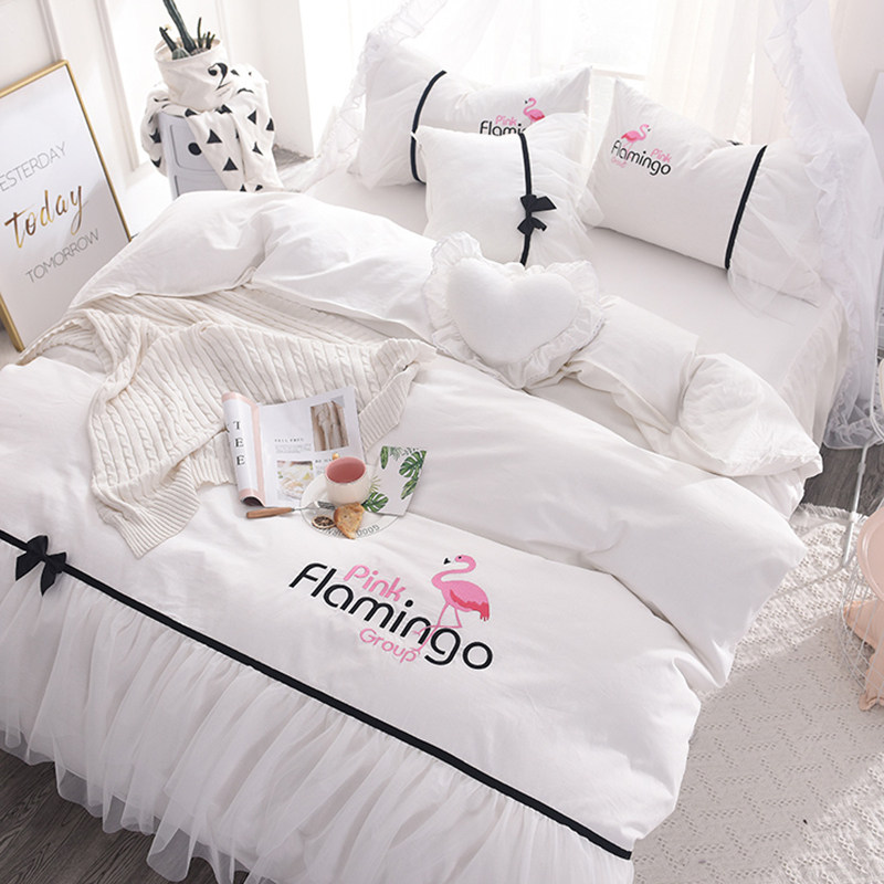 ins white full cotton embroidery net red bed four pieces of covered pure cotton linen quilt cover 1 8 2 0m bed double bed skirt