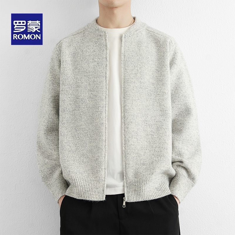 Romon Knitted Cardigan Jacket for Men, New Autumn and Winter High-End Sweater, American Style Trendy Baseball Collar Jacket Top