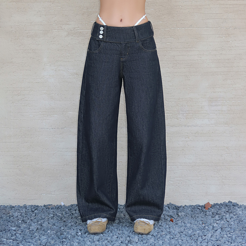 Abmy American Style Spicy Girl Low-Waisted Wide Waistband Scimitar Jeans for Women with Embroidered Hem, Loose Fit, Non-Fading Long Pants Abmy American Style Spicy Girl Low-Waisted Wide Waistband Scimitar Jeans for Women with Embroidered Hem, Loose Fit, Non-Fading Long Pants