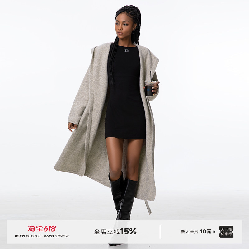 Abmy Fourteen Lines High-Weight Hooded Wool Cardigan for Women, Autumn and Winter, Lazy Style, Thickened Long Sweater Coat