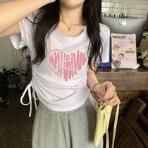 芊艾纯棉不规则短袖t恤女夏新款辣妹修身抽绳设计感小众短款百搭